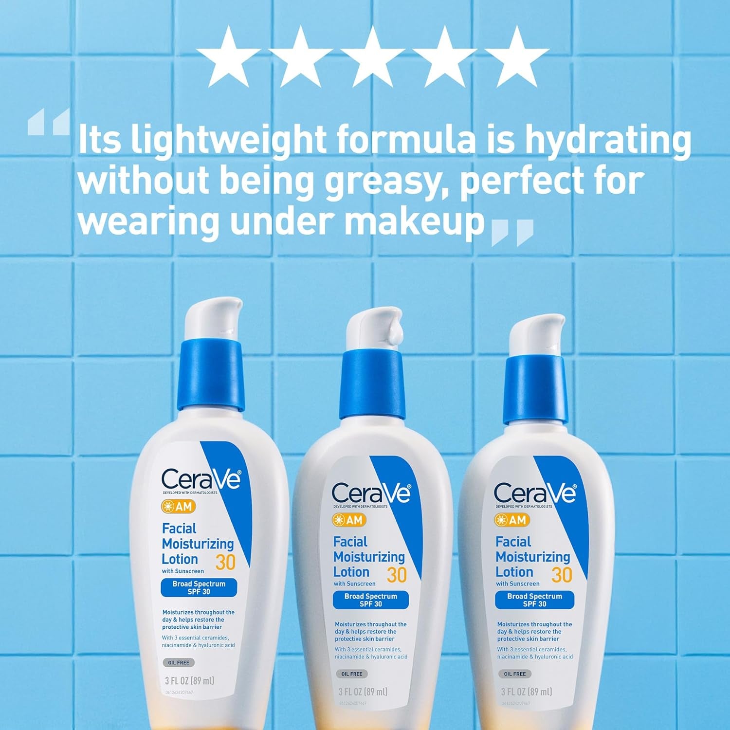 AM Facial Moisturizing Lotion with SPF 30, Oil-Free Face Moisturizer with SPF, Formulated with Hyaluronic Acid, Niacinamide & Ceramides, Non-Comedogenic, Broad Spectrum Sunscreen, 3 Ounce