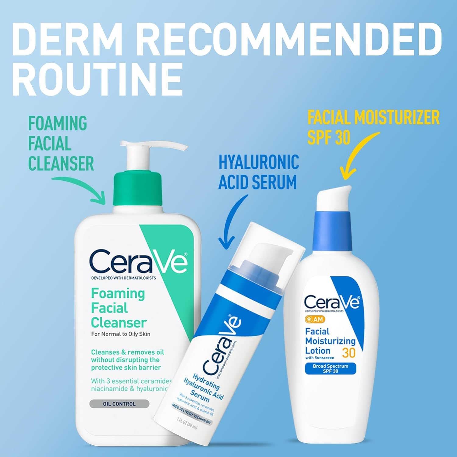 AM Facial Moisturizing Lotion with SPF 30, Oil-Free Face Moisturizer with SPF, Formulated with Hyaluronic Acid, Niacinamide & Ceramides, Non-Comedogenic, Broad Spectrum Sunscreen, 3 Ounce