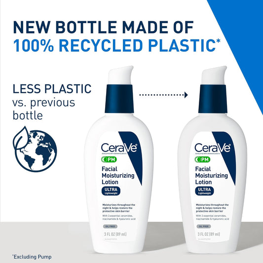 PM Facial Moisturizing Lotion, Night Cream with Hyaluronic Acid and Niacinamide, Ultra-Lightweight, Oil-Free Moisturizer for Face, 3 Ounce